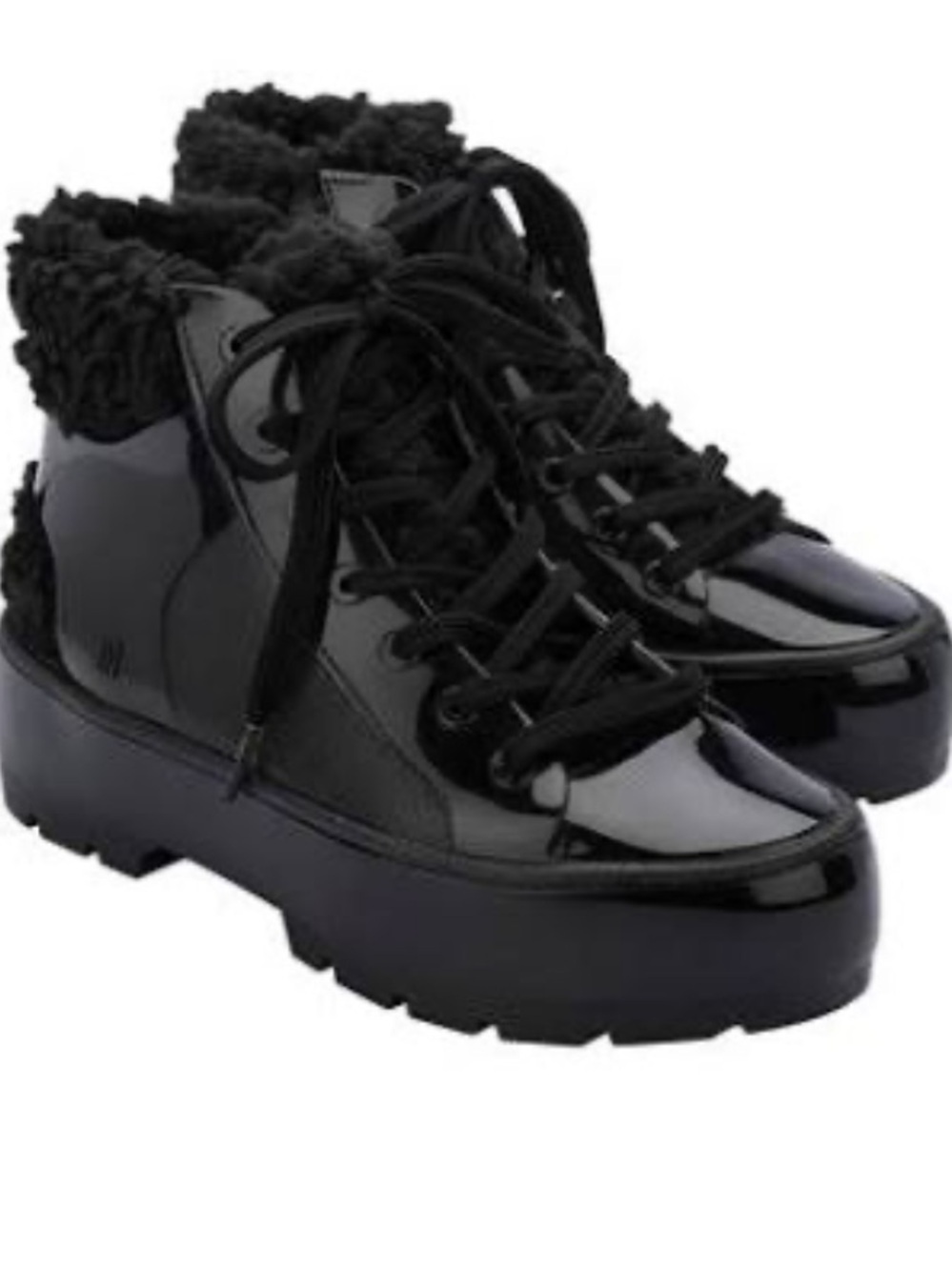 Melissa Black Patent Fluffy Collar Platform Sneaker